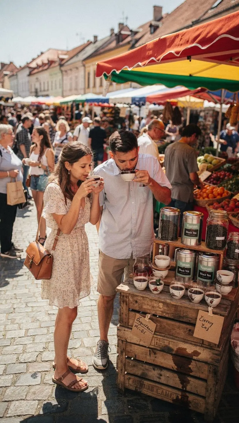 Čajová súprava s čiernym čajom a občerstvením na stole